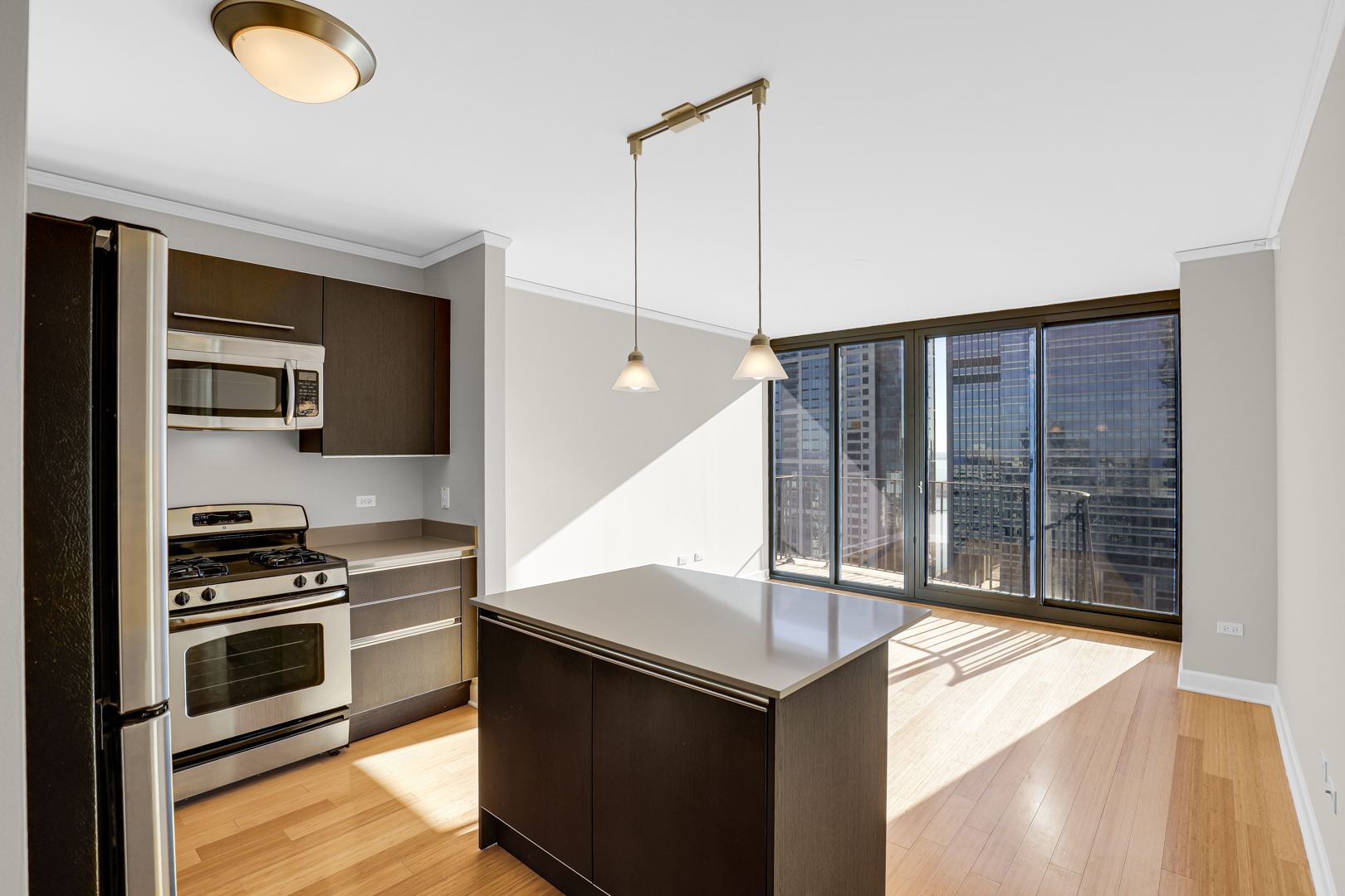 225 North Columbus Drive, Unit 5311 Chicago, IL 60601 - Photo 7 of 36 a kitchen with stainless steel appliances a stove a sink and a refrigerator