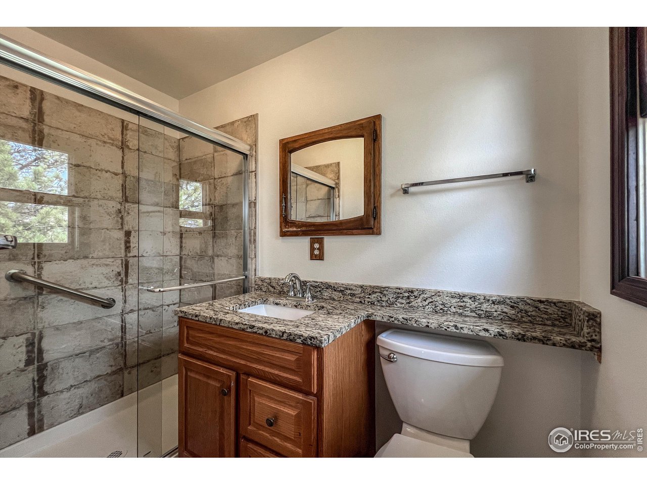 135 Lake Drive Lyons, CO 80540 - Photo 9 of 39 a bathroom with a granite countertop sink a toilet and shower