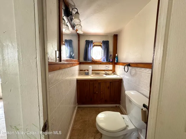 a bathroom with a toilet mirror vanity and a sink