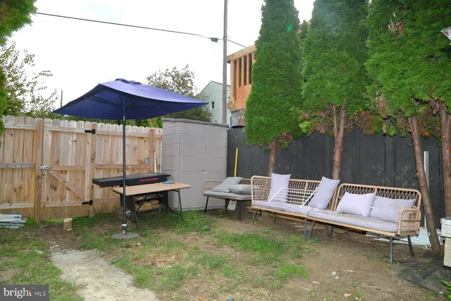 a backyard of a house with table and chairs