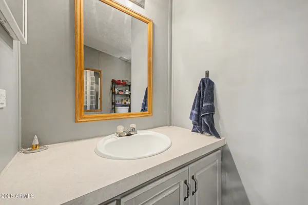 a bathroom with a sink and a mirror