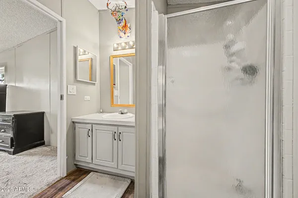 a bathroom with a sink and a mirror
