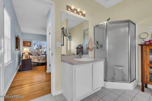 a bathroom with a sink a mirror and a shower