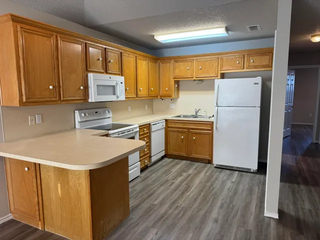 a kitchen with a refrigerator a sink and wooden cabinets