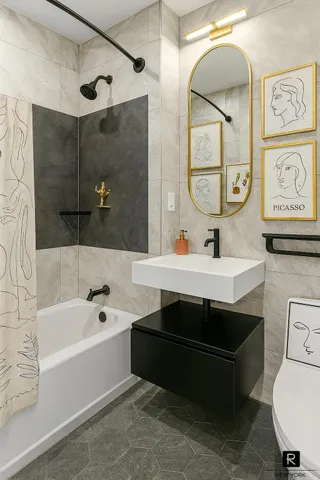 a bedroom with a bed and a painting on the wall