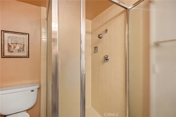 a bathroom with a shower and a toilet