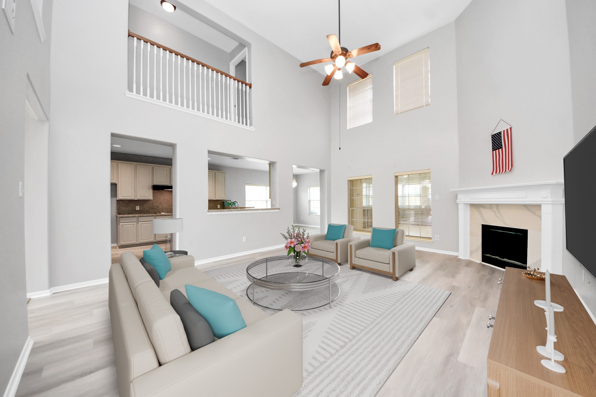6803 Chapelfield Lane Houston, TX 77049 - Photo 5 of 50 a living room with furniture a fireplace and a chandelier