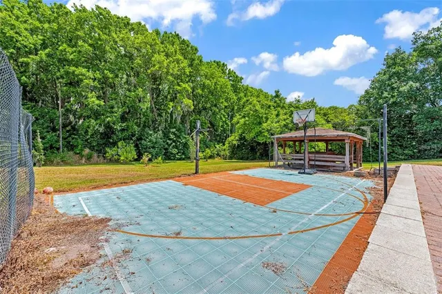 a view of a swimming pool with a yard