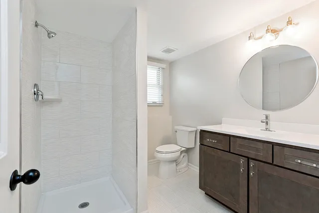 a bathroom with a toilet a sink a mirror a shower a vanity and window