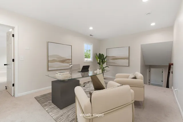 a living room with furniture a lamp paintings and a window