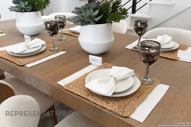 a view of a dining room with furniture window and outside view