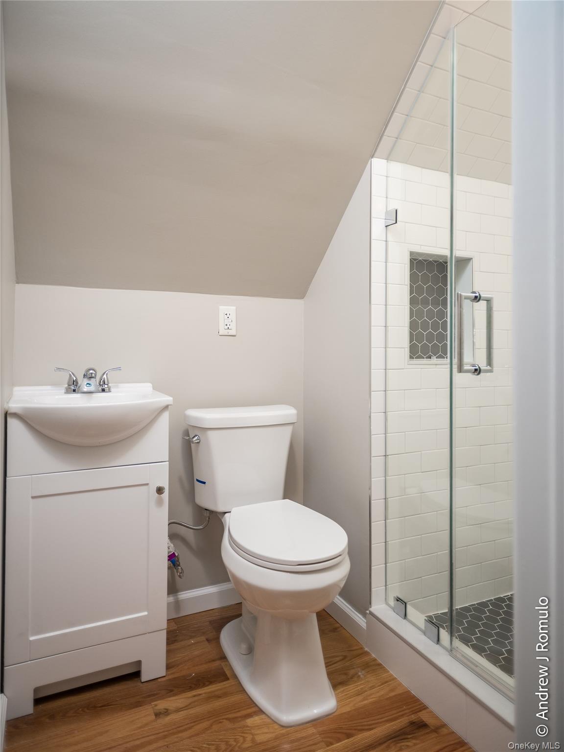 14 Robalene Drive Goshen, NY 10924 - Photo 33 of 39 Full bathroom with wood finished floors, a shower stall, vanity, and vaulted ceiling