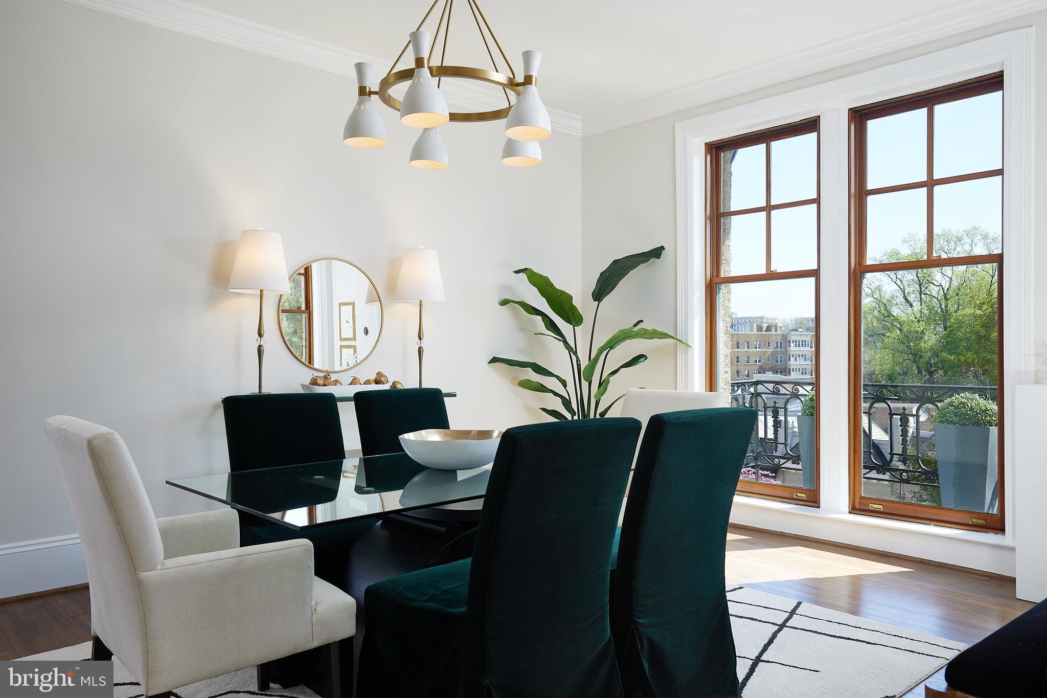 2853 Ontario Road Northwest, Unit 323 Washington, DC 20009 - Photo 9 of 66 a dining room with furniture a potted plant and a chandelier