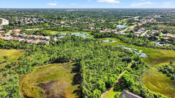 an aerial view of residential houses with outdoor space and trees