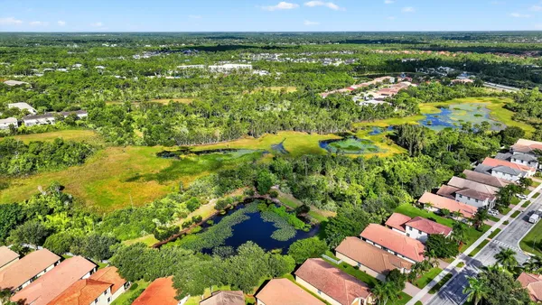 a view of a garden with a lake