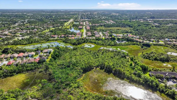 a view of a city with lush green forest