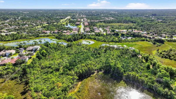 an aerial view of residential houses with outdoor space and trees