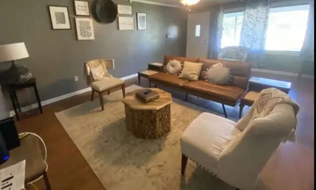 a living room with furniture and a potted plant