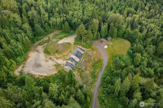an aerial view of a house with a yard and trees