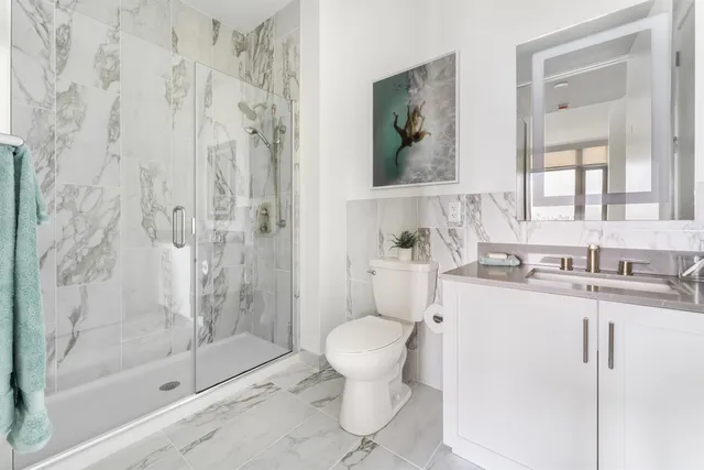 a bathroom with a granite countertop sink a toilet and shower