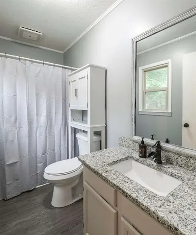 a bathroom with a granite countertop sink toilet and shower