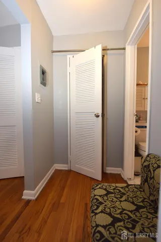 a bathroom with a shower and a wooden floor