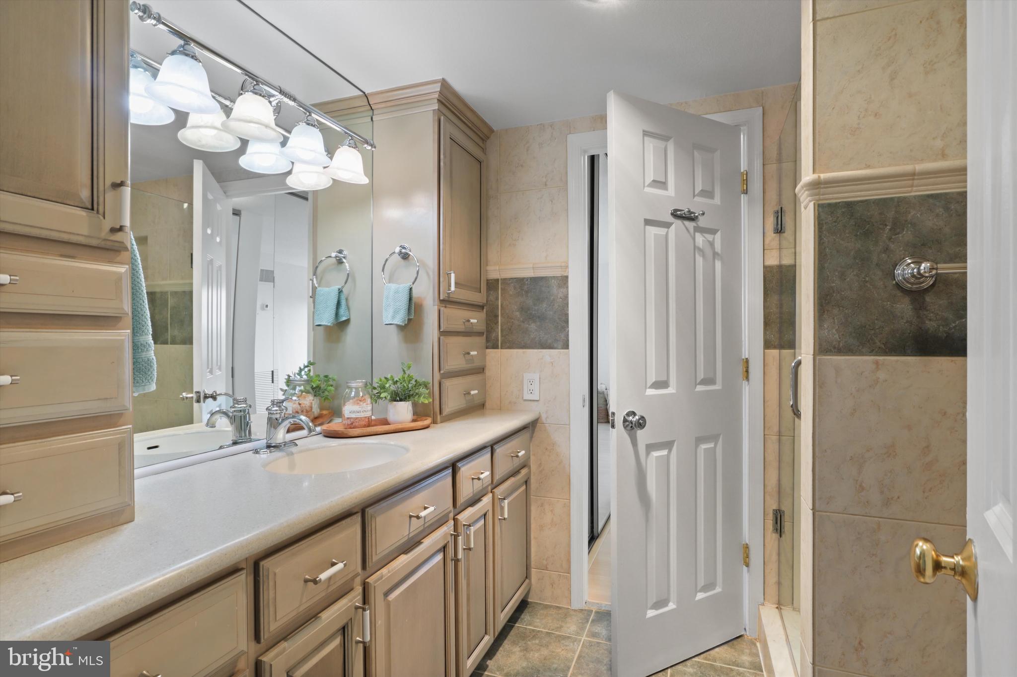 6101 Edsall Road, Unit 611 Alexandria, VA 22304 - Photo 19 of 39 a bathroom with a sink a mirror and a shower