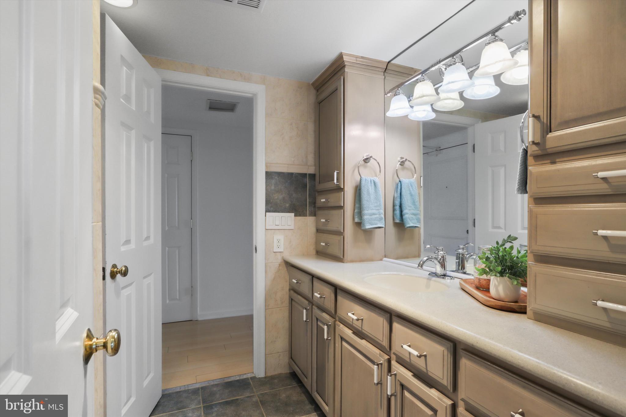 6101 Edsall Road, Unit 611 Alexandria, VA 22304 - Photo 20 of 39 a bathroom with a granite countertop sink a large mirror and a shower