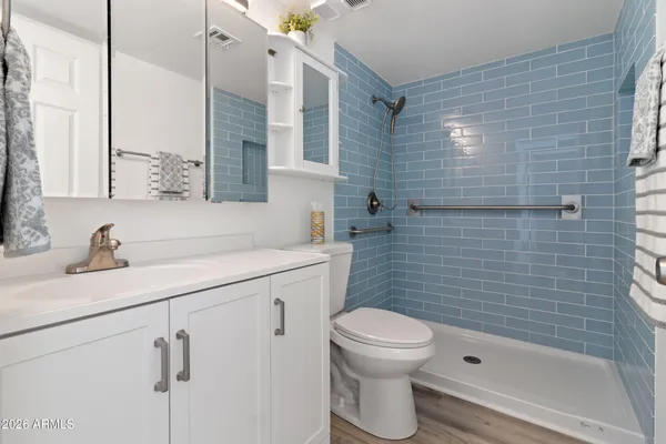a bathroom with a sink a toilet and shower