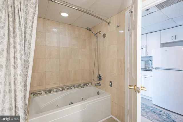 a bathroom with a bathtub and a shower