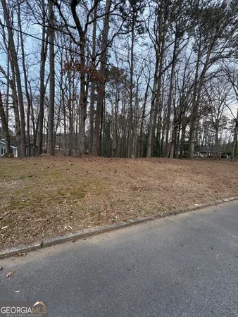 a view of a field with trees in the background