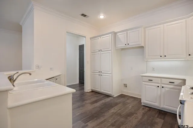 a kitchen with a sink cabinets and wooden floor