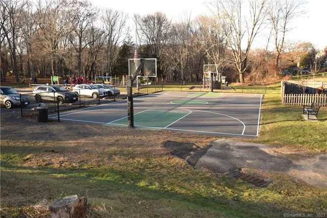 a view of a park with large trees