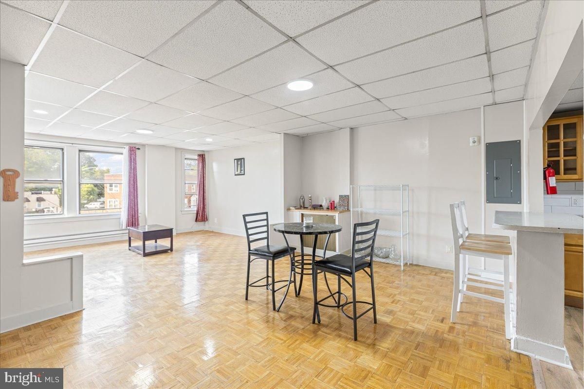 a view of a dining room with furniture
