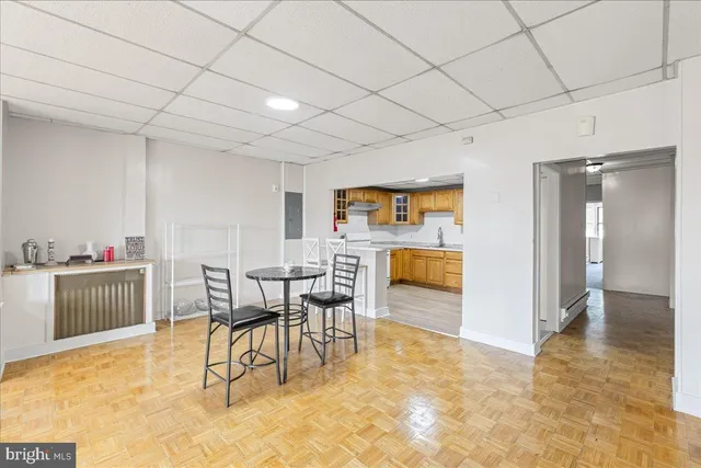 a view of a dining room with furniture