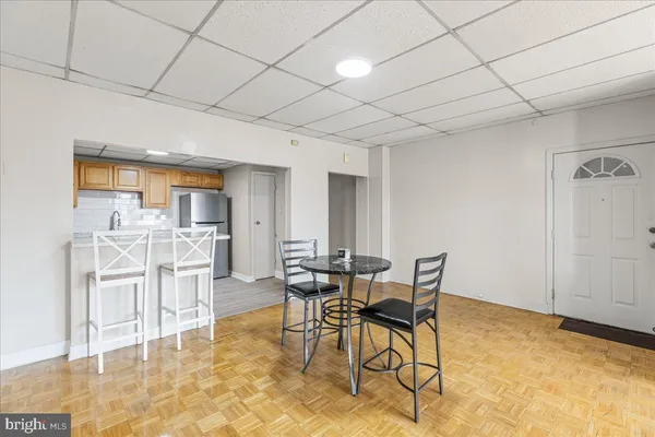 a view of a dining room with furniture