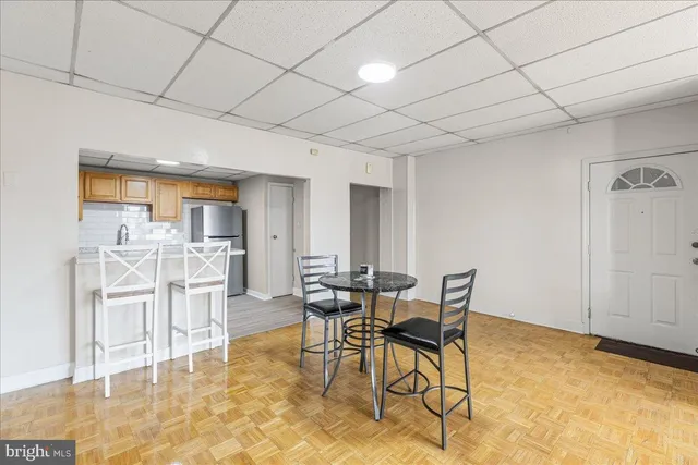 a view of a dining room with furniture