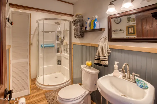 a bathroom with a sink a toilet and shower