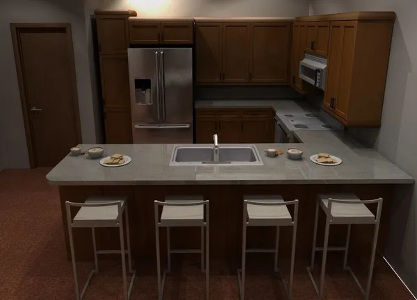 a kitchen with a table chairs and refrigerator