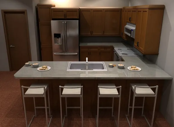 a kitchen with a sink refrigerator and microwave