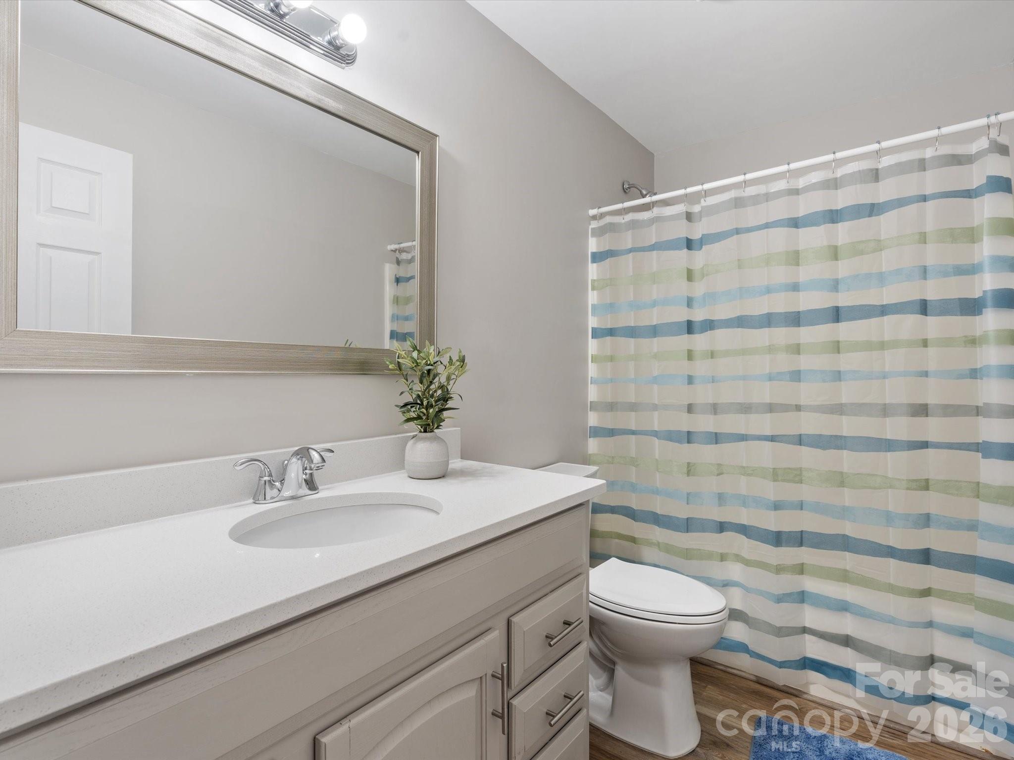 105 South York Street Lancaster, SC 29720 - Photo 13 of 28 a bathroom with a sink a toilet and shower curtain