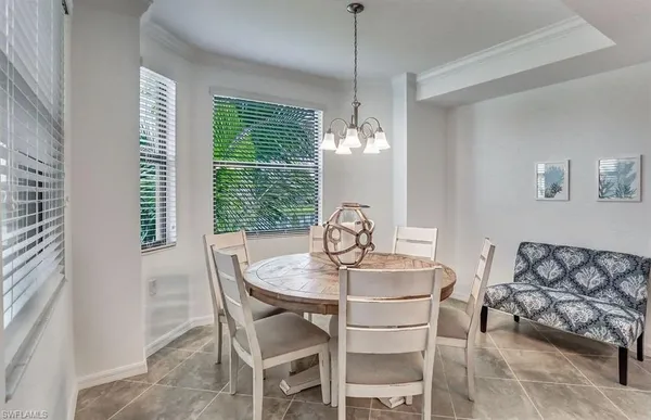 a view of a dining room with furniture window and outside view