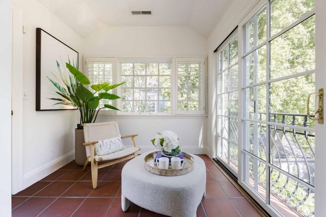 a living room with furniture and a potted plant