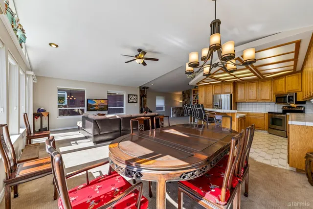 a view of a dining room with furniture