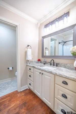 a bathroom with a granite countertop sink mirror and toilet