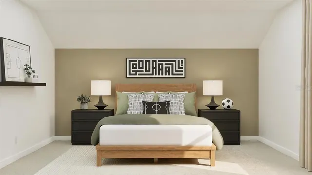 a bed room with a bed and a night stand