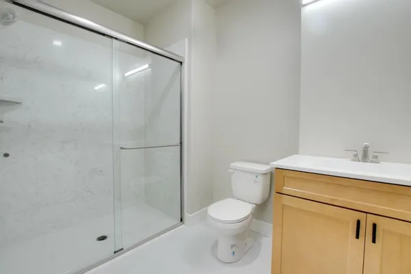a bathroom with a shower and a toilet