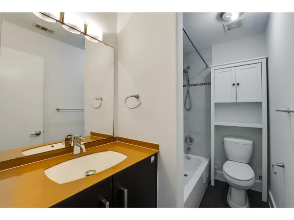a bathroom with a sink vanity granite toilet and a mirror