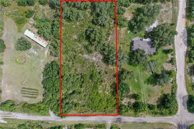 an aerial view of residential houses with outdoor space and trees