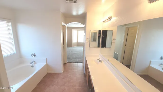 a bathroom with a double vanity sink and a mirror